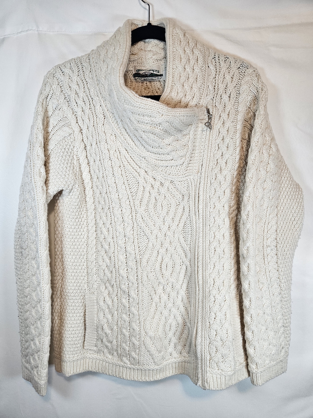 Aran Crafts Cream Cable Knit Asymmetrical Zip Turtleneck Sweater Made In Ireland